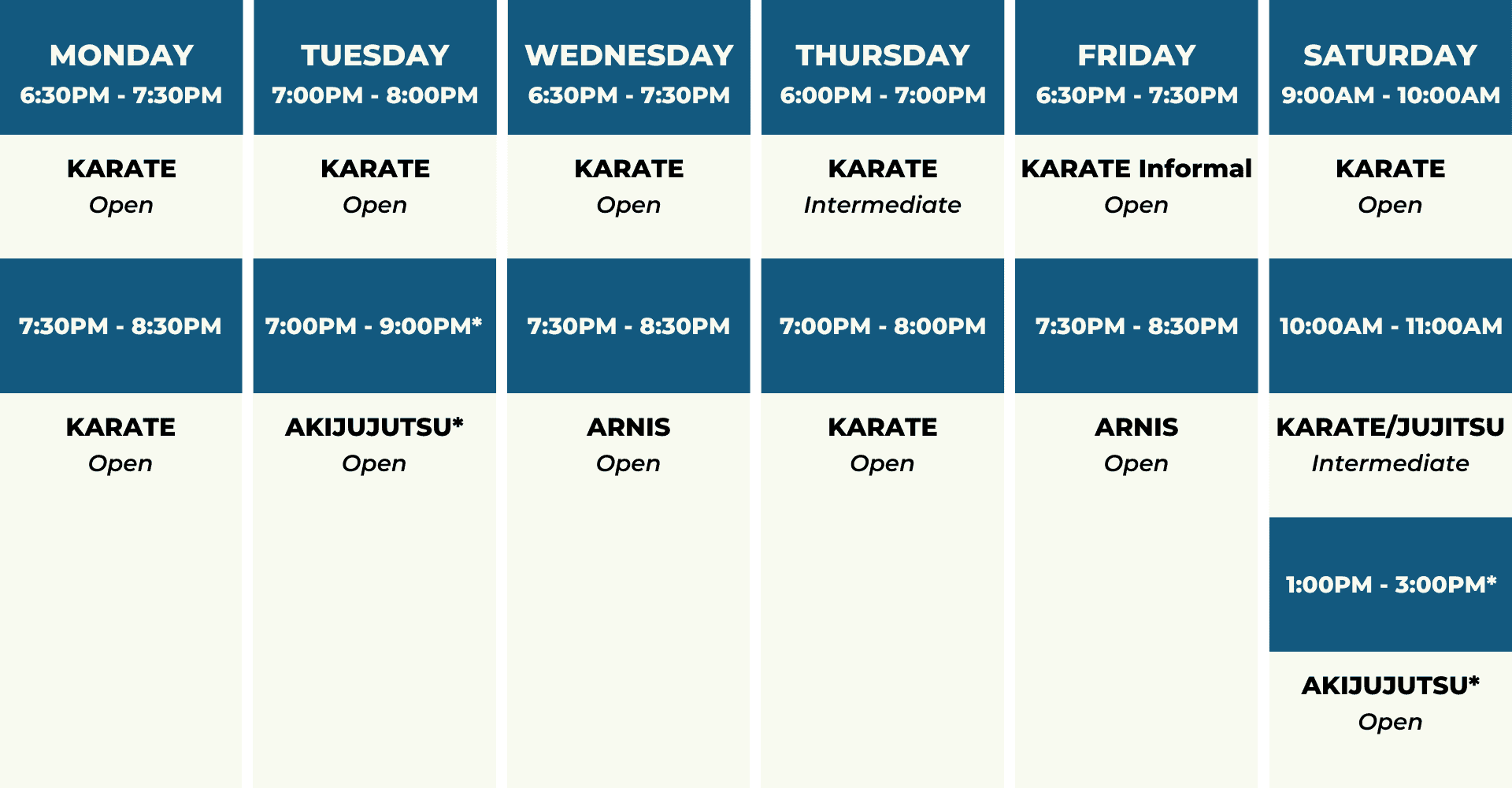 Adult Karate Schedule